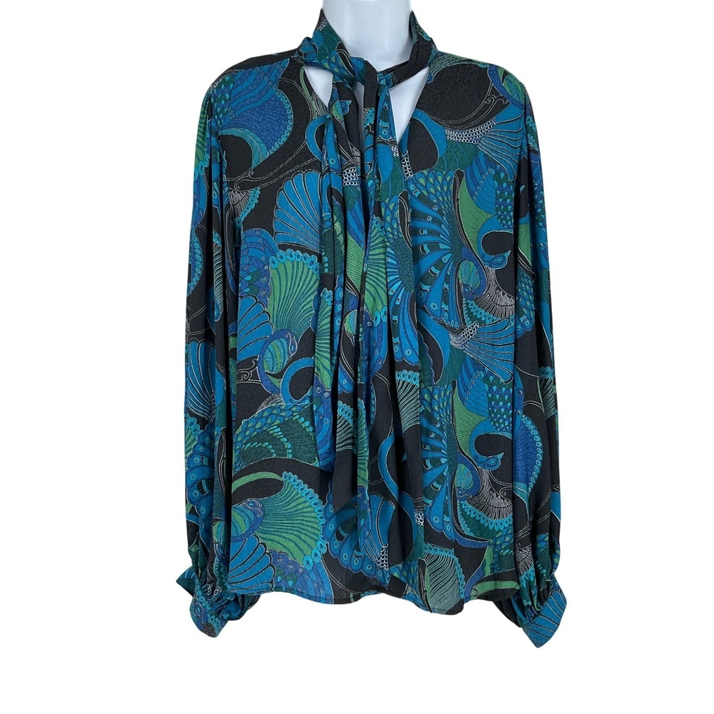 Chico's Tie Neck Blouse Women 3 XL Blue Bird Print Art Deco Office Bold
